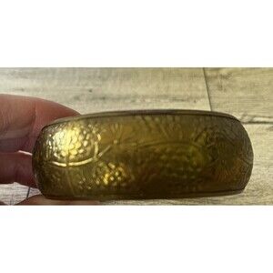 Vintage Brass Metal Etched Bangle Bracelet Flower Floral Design 2.5" Round